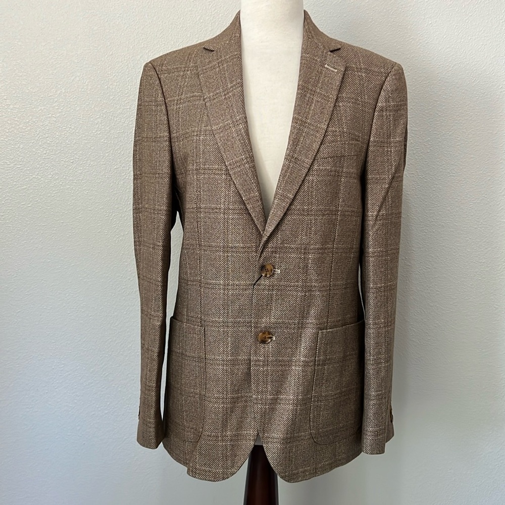 Men’s Slim Fit Brown Tan Checked Single Breasted Blazer 40R